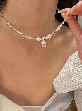 项链黑女方形碎银锆石胆石珍珠