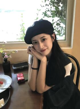 大头围黑色贝雷帽女秋冬季日系复古毛呢蓓蕾帽百搭显脸小画家帽子