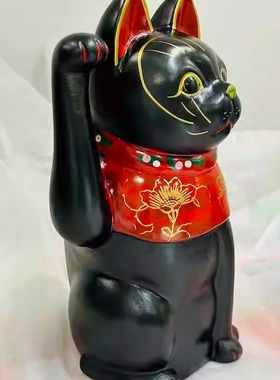 日本制古色复古招财猫陶器摆件