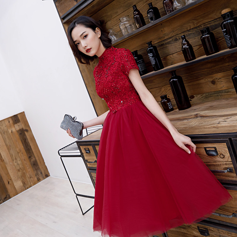 红色新娘2019夏气质短款聚会敬酒服 豪满庭礼服/晚装