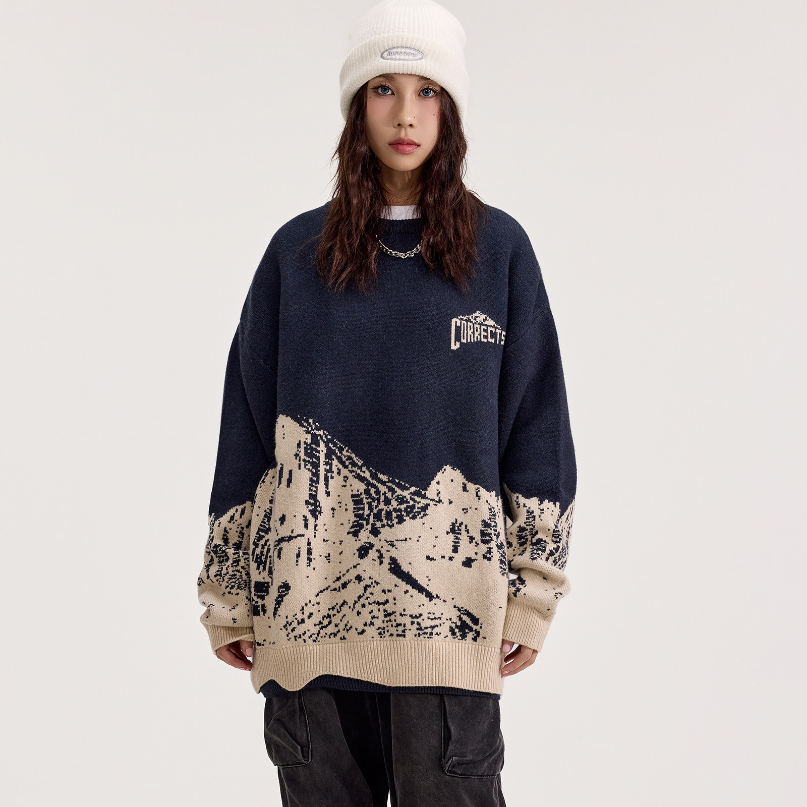 TIRED美式潮牌复古雪山提花圆领毛衣男女秋冬情侣针织衫套头上衣,淘宝优惠券,粉丝福利购,淘宝优惠卷