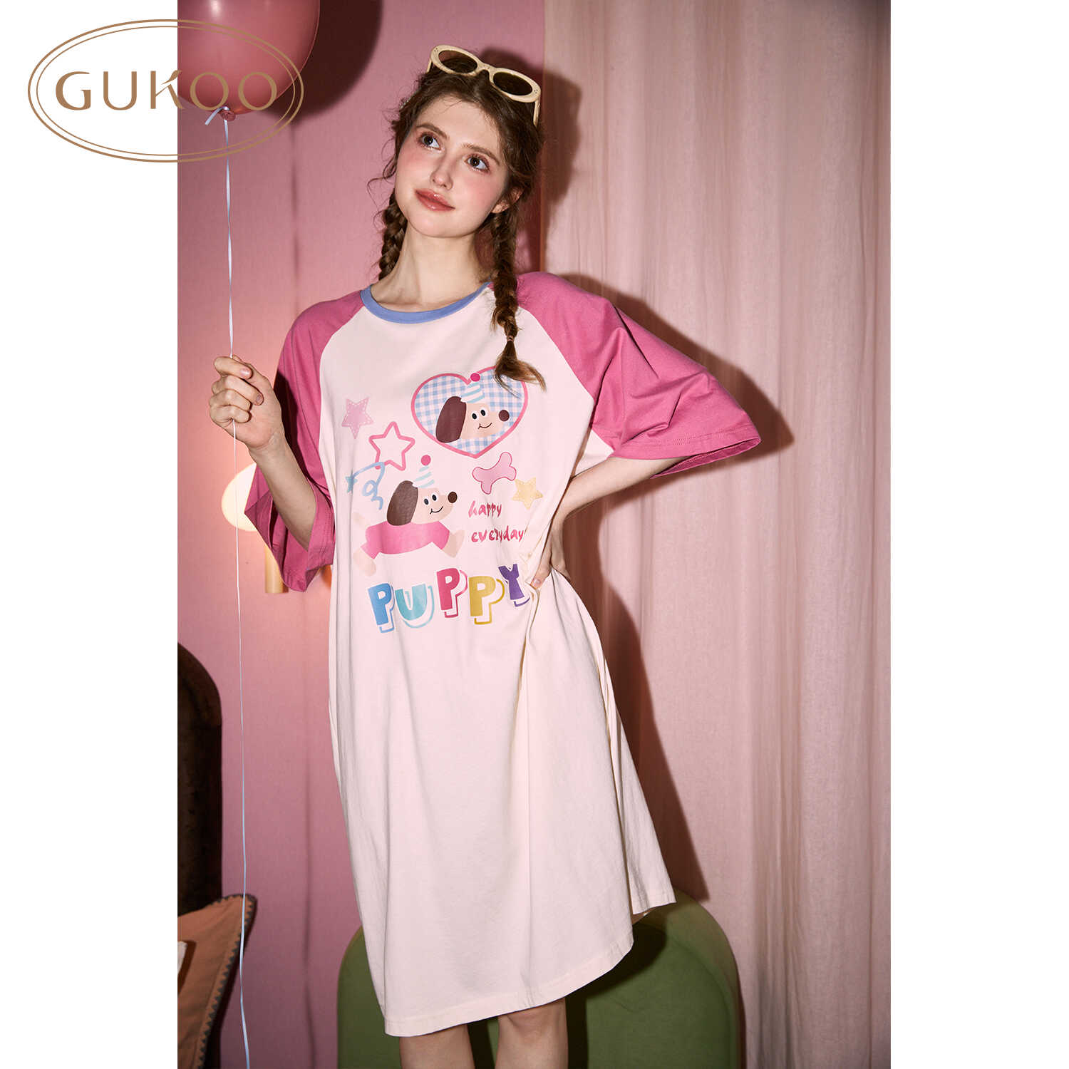 GUKOO/果壳新款睡衣圆领夏季女士卡通纯棉长袖睡衣裙可外穿