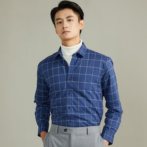 Busen/步森长袖衬衫男冬新款商务休闲格纹夹羊毛内胆保暖衬衣
