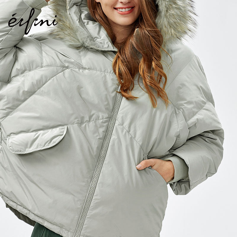 伊芙丽女新款宽松时尚连帽大毛领 伊芙丽旗舰羽绒服