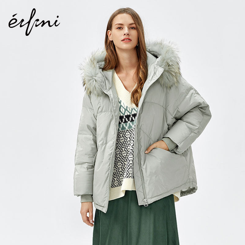 伊芙丽女新款宽松时尚连帽大毛领 伊芙丽旗舰羽绒服