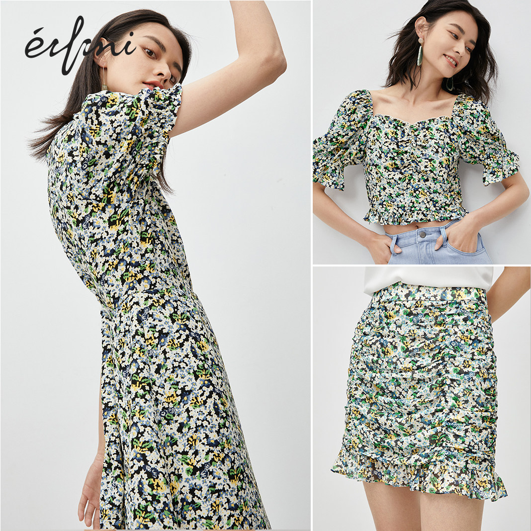 伊芙丽2020年新款夏泡泡袖连衣裙 伊芙丽旗舰连衣裙