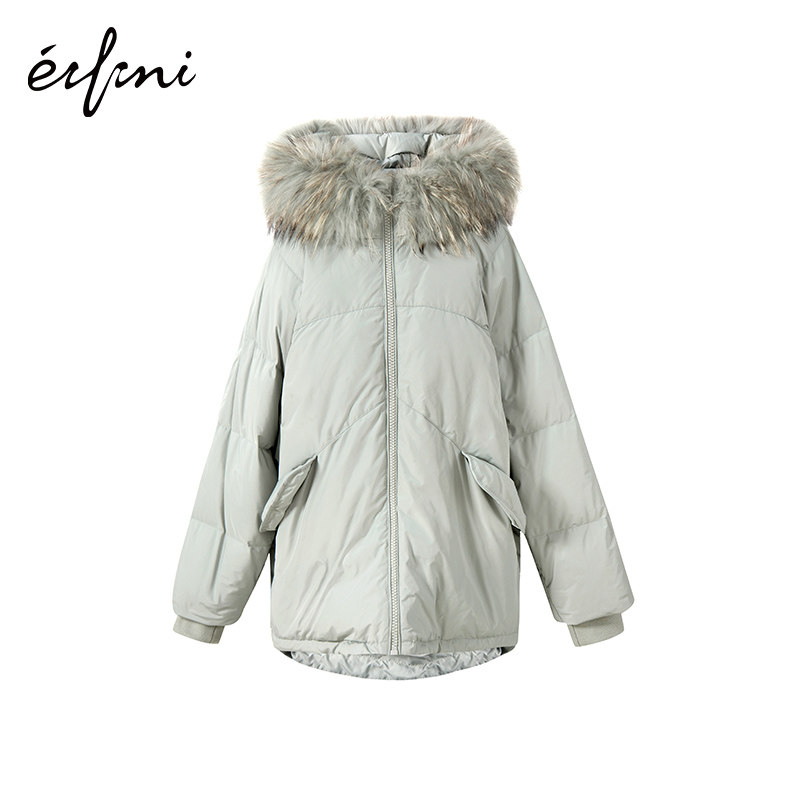 伊芙丽女新款宽松时尚连帽大毛领 伊芙丽旗舰羽绒服