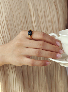 法式天然黑玛瑙宝石925纯银戒指