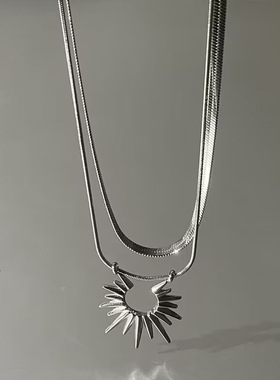 男士美式双层叠戴太阳花吊坠项链