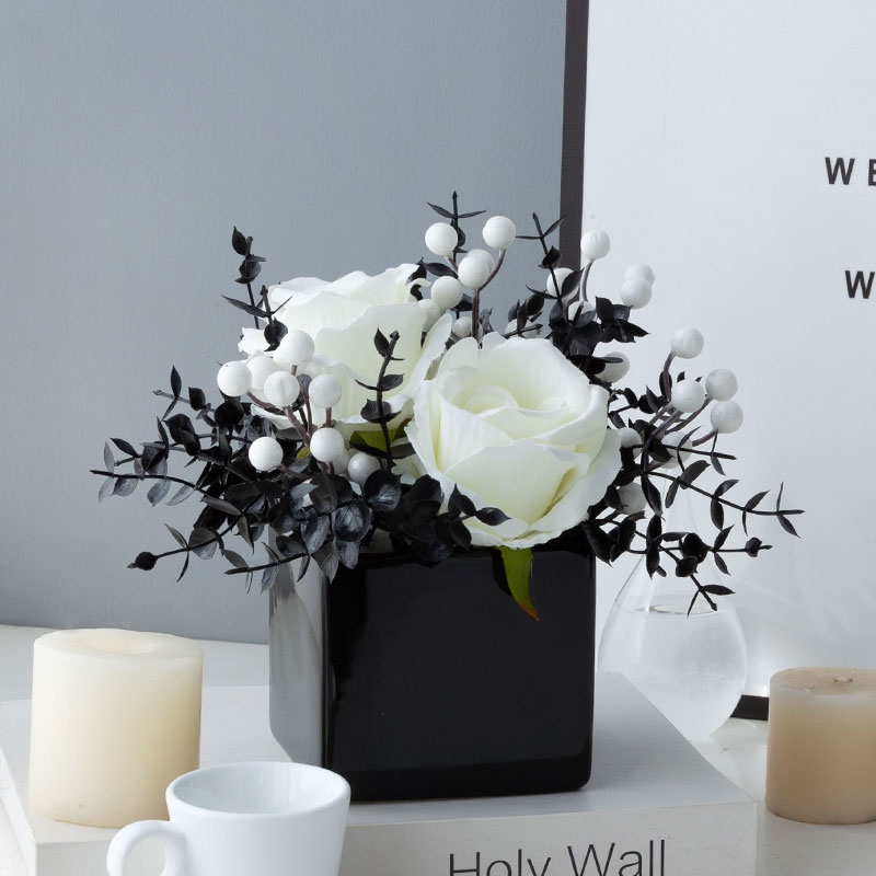 白色玫瑰仿真花假花现代简约尤加利叶客厅玄关餐桌电视柜装饰摆件-图0