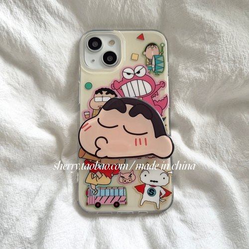 SHERRY*ins风少女心嘟嘴亲亲小新支架适用于iphone17promax苹果16小众15手机壳plus可爱14卡通13简约12小清新 - 图1