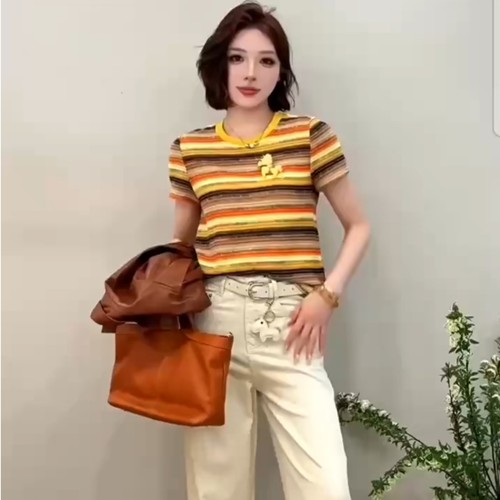 2026春秋季节欧美风彩虹条纹短袖针织衫女修身圆领套头糖果风上衣 - 图3