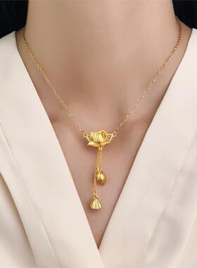莲花流苏吊坠黄铜镀金镀金复古花朵气质精致长款莲蓬莲藕编绳项链