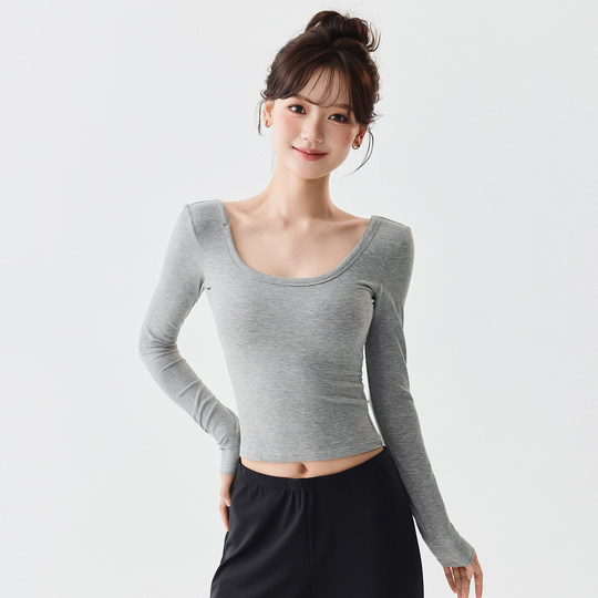 Mitaogirl带胸垫美背运动上衣女修身瑜伽服长袖跑步训练健身衣