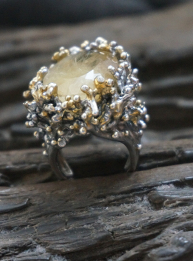 云起原创。黄水晶发晶复古黑金立体个性独特霸气纯银设计款大戒指