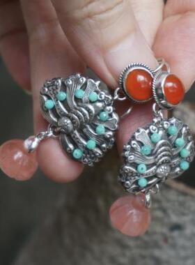 云起设计。清代蝴蝶老银老玛瑙天河石莲蓬原创手工民族国风银耳环