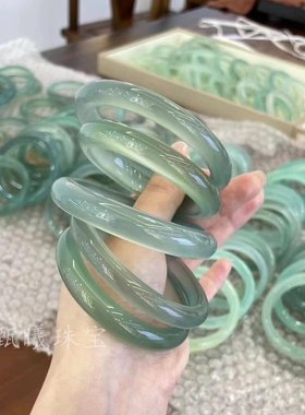 天然油青玛瑙手镯冰种远山黛玉髓扁条油青手镯翡翠青色玉镯镯子女
