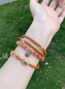 原创正品天然橄榄核三圈长串月光石光珠文玩手链新中式饰品古国风