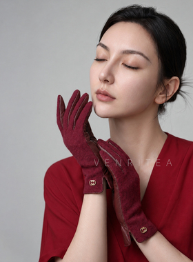 小山羊皮手套女式真皮柔软秋冬加绒加厚骑行开车修手羊毛触屏