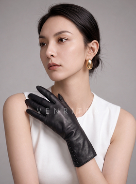 进口山羊皮加绒触屏防风女手套