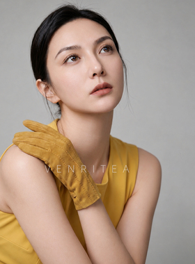 反绒山羊皮挂脖加绒保暖女手套