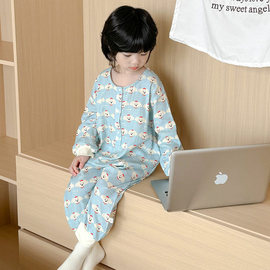 Pijama infantil de una pieza de gasa de doble capa de puro algodón, estilos de primavera y otoño para niños y niñas, saco de dormir con piernas abiertas, protección del vientre y ropa para el hogar resistente al frío