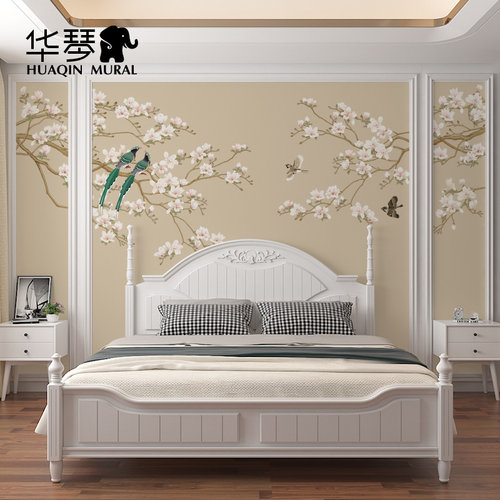 现代新中式花鸟电视背景墙壁纸 美式客厅影视墙 卧室壁画墙纸墙布 - 图1