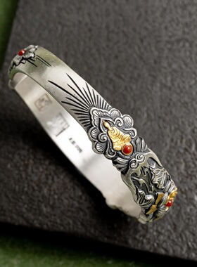 莲花无相丨足银手镯999丨莲花无相纯手工錾刻80g