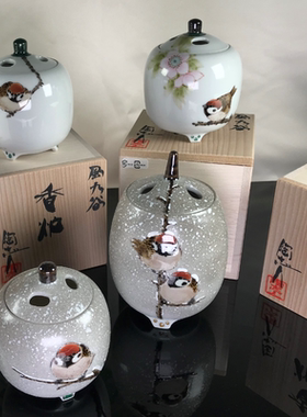 现货日本进口九谷烧知名作家中村陶志人亲制手绘雪雀图小香炉