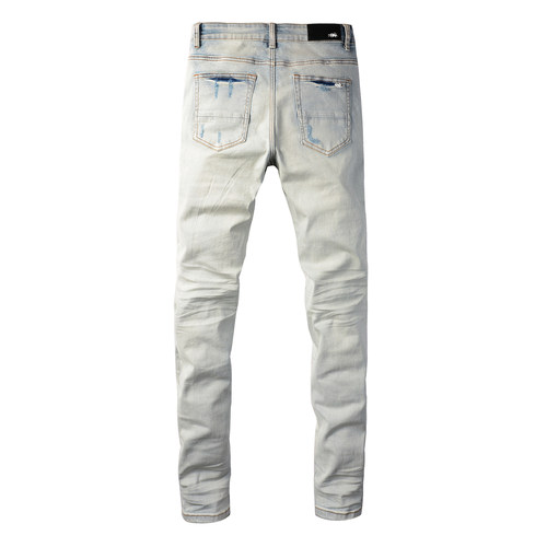 AMR jeans MX1 A米尔美式修身长裤洗水高街破洞紧身男牛仔裤子 - 图0