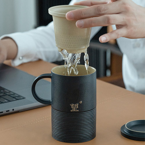 万仟堂高档办公杯茶杯办公室泡茶杯茶水分离杯陶瓷茶杯子男士望杯 - 图2