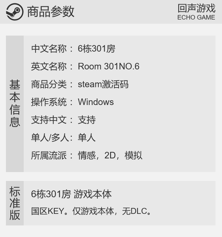 Steam 正版 国区 6栋301房 Room 301 NO.6 激活码cdkey 激活入库 - 图0