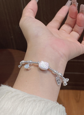 足银999可爱hellokitty纯银手链女小众设计高级圆珠手串闺蜜礼物