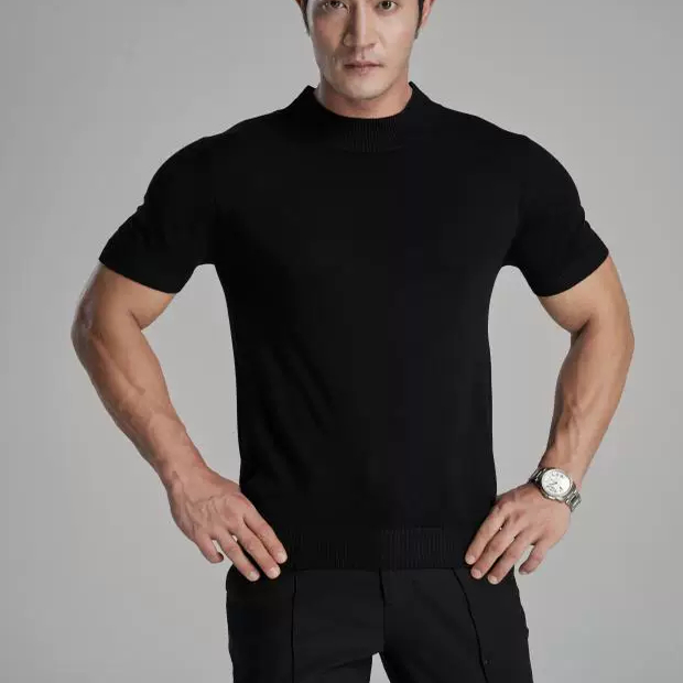 小高领针织衫男薄款透气紧身短袖打底衫丝光棉紧袖收腰毛线卫衣潮 - 图2