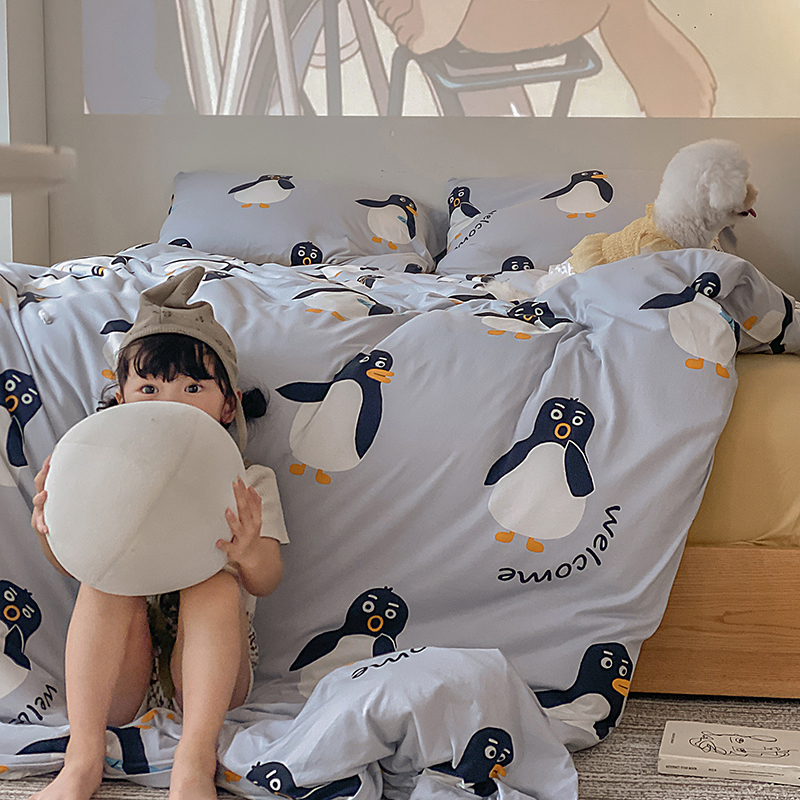 卡通全棉天竺棉四件套 a类亲肤裸睡针织棉被套纯棉床单床笠款床品 - 图1