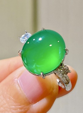 国风复古高品质帝王绿玉髓玛瑙戒指手饰925银镶气质大方媲美翡翠