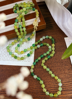 天然苹果绿色绿玉髓项链双层玛瑙长链毛衣链 可叠戴 复古中国结扣