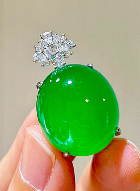 高冰绿玉髓吊坠无事圆牌子新中式国风铜镀银起荧光大蛋面玉坠