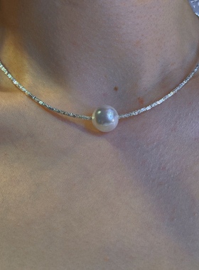 闪亮s925银碎银子施家珍珠项链女小众设计碎银几两锁骨链