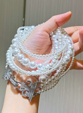 热销轻奢珍珠项链女多层叠戴满钻皇冠奢华扣小众设计感锁骨链配饰