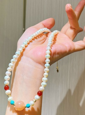 原创手作我与珍珠有个约会天然淡水珍珠baby珠红玉髓月光石项链