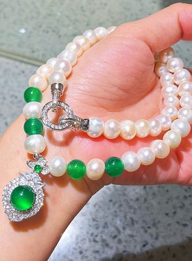 7-8mm天然淡水珍珠项链套装绿玉髓吊坠手链耳钉妈妈款气质礼盒装