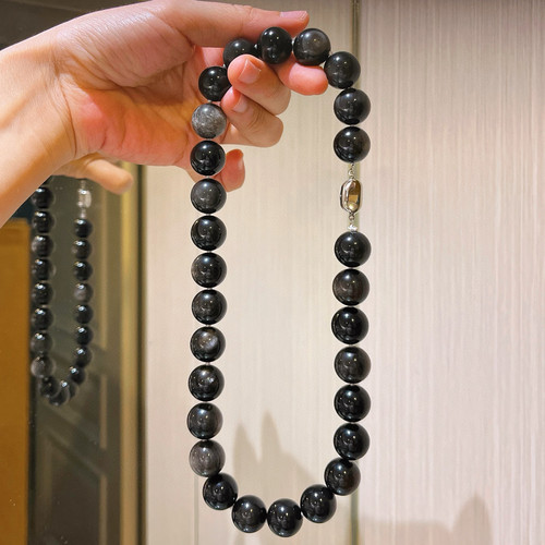 14mm大颗粒天然暗夜系银曜石项链锁骨链ins风暗黑系串珠男女款 - 图2