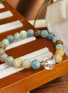 8mm天然方解石手链 浅蓝混彩色调配上天然白水晶方糖手串少女心