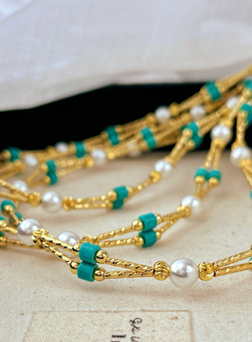 欧美复古做旧波西米亚风ins人造绿松石珍珠编织串珠叠戴项链女