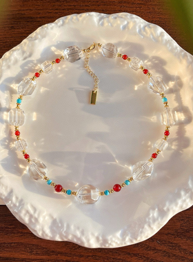 原创手作大块冰糖异型天然白水晶锁骨链红玉髓点缀颈链优雅气质