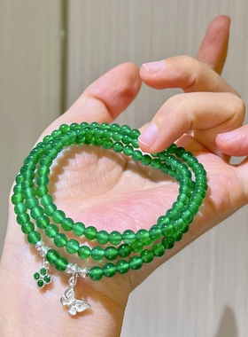 冰种满绿色珠链4mm圆珠阳绿玉冰种帝王绿玉髓多圈手链925银饰