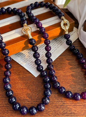 10mm大颗粒紫俱来天然紫玉髓项链 颗颗打结 复古皇家紫仿真锁骨链