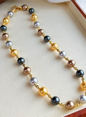 大溪地菲律宾金混彩珍珠项链轻奢小众毛衣链女高级感深海贝珠项链