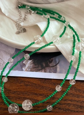 人造绿色猫眼石白水晶清新撞色满天星锁骨链颈链夏日百搭仙气首饰